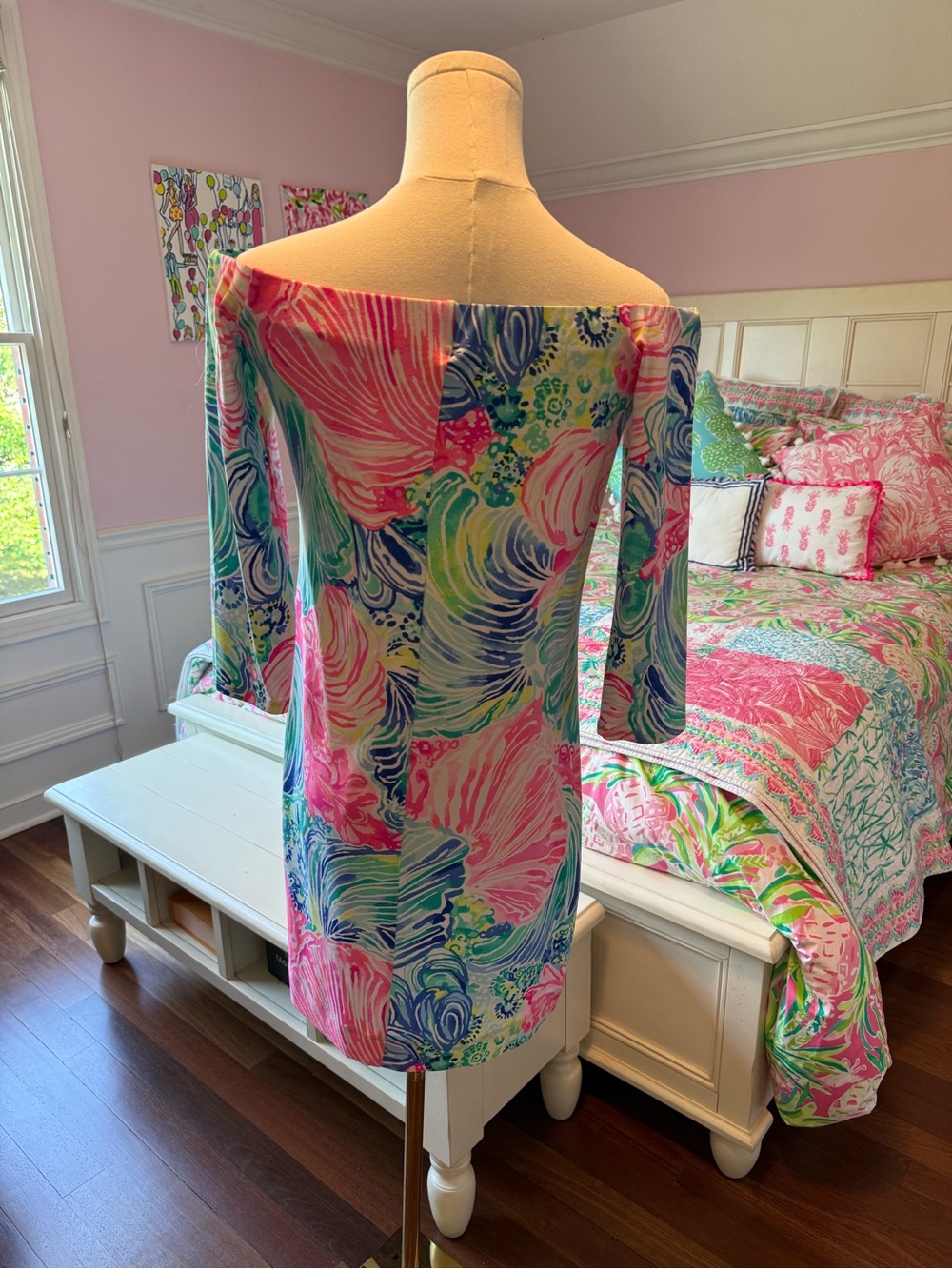 Lilly Pulitzer Off-Shoulder Floral Shift Dress in Pink, Green, Blue, Yellow - Picture 4 of 5